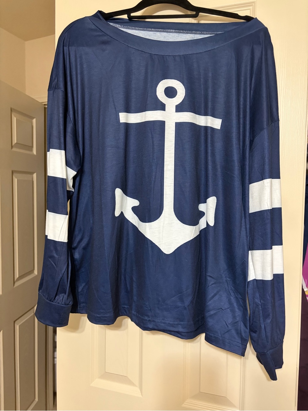 SHEIN Navy Long-Sleeve Top with White Anchor Graphic